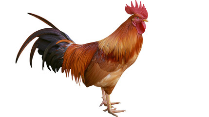 Majestic rooster with vibrant red comb and tail feathers, isolated on transparent background © Emilia