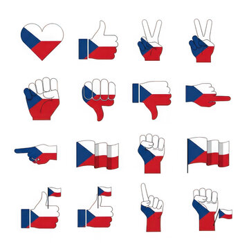 Set of Czech Republic flag icons with various hand gestures and shapes isolated on transparent background