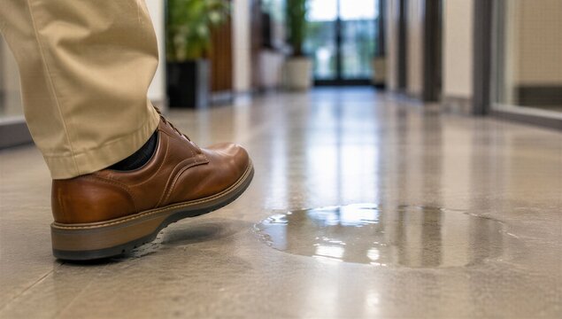 Close-up of a business shoe approaching an unnoticed puddle in an office corridor. Slip hazard, workplace accident, personal injury, risk awareness and fall prevention concept.