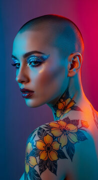 A woman with a shaved head and vibrant floral tattoos, adorned with sparkling eye makeup and glossy lips, under striking blue and red lighting, symbolizing edgy beauty and self-expression