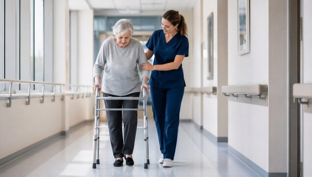 Nurse supports an elderly patient using a walker in a hospital corridor. Senior mobility, rehabilitation, patient safety, assisted walking and healthcare fall prevention concept.