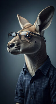 A portrait of a kangaroo wearing glasses and a plaid shirt, symbolizing intelligence and style, perfect for educational or fashionable concepts