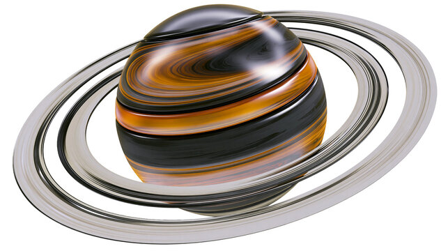 Swirling orange and black planet with metallic rings, isolated on transparent background