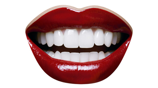 Glossy red lips smiling with perfect white teeth, isolated on transparent background