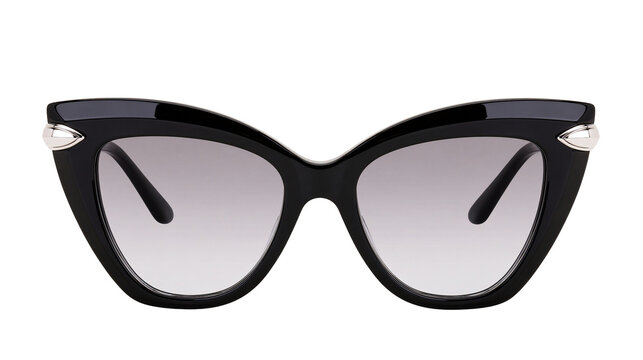 Elegant black cat-eye sunglasses with silver accents, isolated on transparent background
