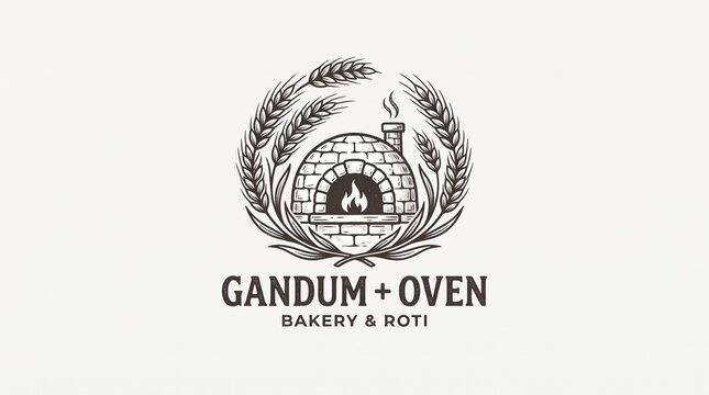 Rustic Bakery Emblem: A charming emblem features a brick oven with flames inside, framed by stalks of wheat. Below, text reads GANDUM + OVEN BAKERY & ROTI.