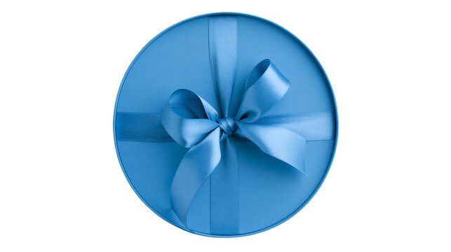 Round blue gift box with satin ribbon bow, isolated on transparent background