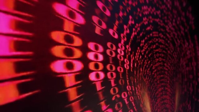 Abstract glowing red binary code tunneling through dark digital space visual