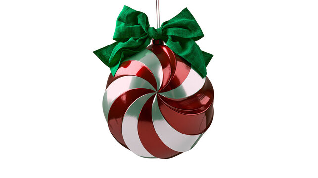 Swirling red and silver Christmas ornament with green bow, isolated on transparent background
