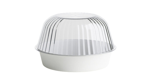 Clear plastic dome lid food container with white base, isolated on transparent background