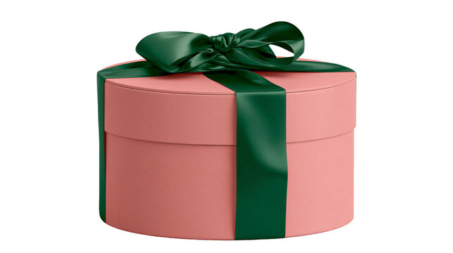 Pink round gift box with dark green satin ribbon and bow, isolated on transparent background