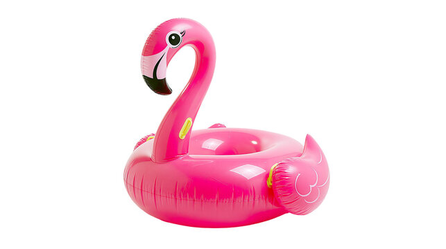 Bright pink inflatable flamingo pool float, isolated on transparent background