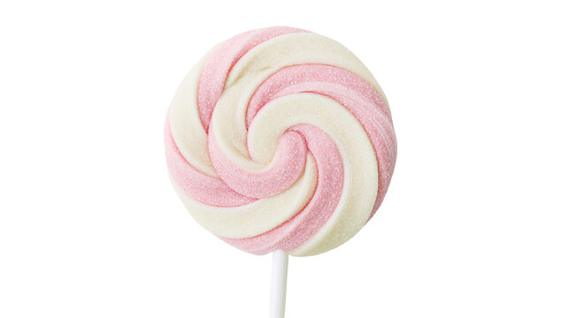 Pink and white swirled marshmallow lollipop on stick, isolated on transparent background