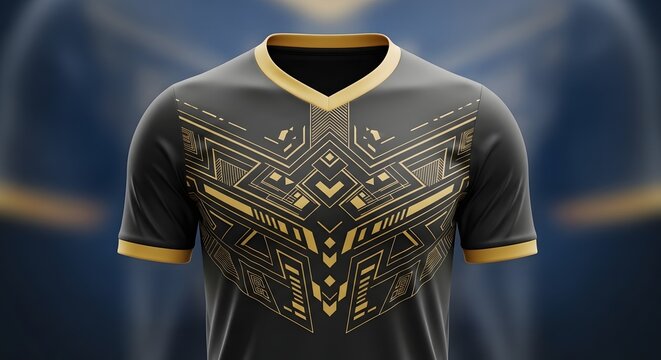 Black and gold v neck t shirt with intricate mechanical circuit board pattern design for modern fashion