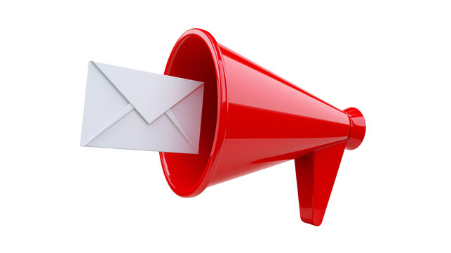 Red megaphone emitting a white envelope, isolated on transparent background
