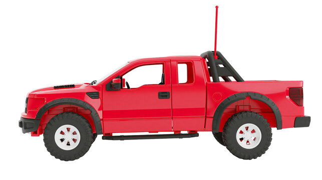 Red remote control toy pickup truck with black roll bar and antenna, isolated on transparent background