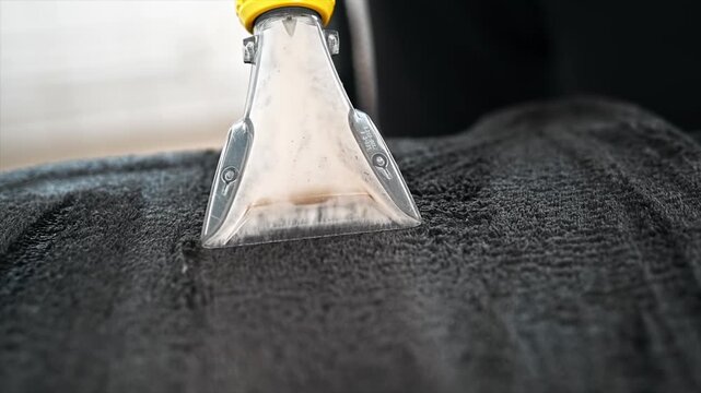 Professional deep cleaning of car floor mat using industrial vacuum extractor.