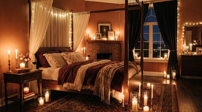 Romantic candlelit bedroom interior