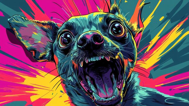 A vibrant, colorful pop art illustration of a barking chihuahua, face-on view