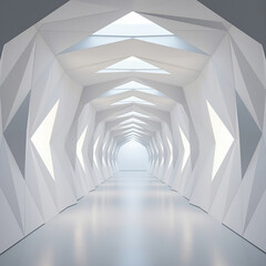 Fototapeta premium A futuristic, geometric tunnel with sharp, angular walls and a polished floor, illuminated softly.