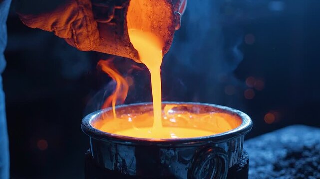 Hands in protective gloves pour molten metal from a ladle into a metal container, showcasing the continuous flow of liquid metal in a dark workshop environment