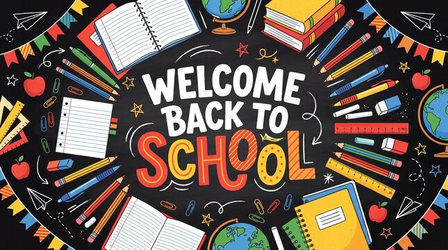Colorful illustration featuring school supplies and the phrase "Welcome Back to School" on a black background with vibrant accents