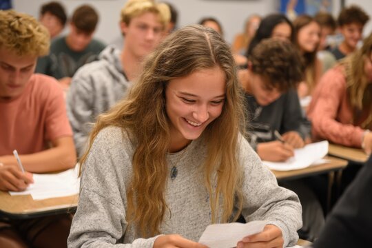 Friends Sharing Funny Notes During Class While Laughing Together