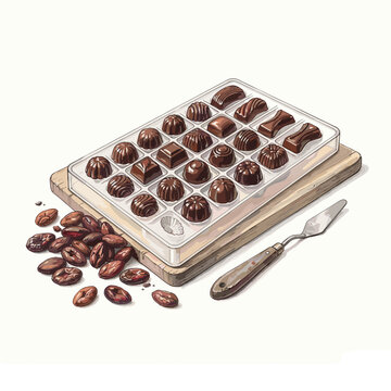 Artisan chocolate making with cocoa beans and molds flat lay for confectionery blogs and dessert websites