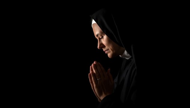 A nun in a black habit prays with hands clasped, eyes closed, and head bowed in a serene, dark setting.