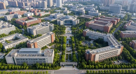 Fototapeta premium Expansive modern university campus with symmetrical architecture and lush green pathways, showcasing a vibrant academic environment from an aerial perspective.