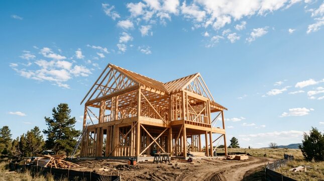 New residential wood frame house construction site under blue sky.
