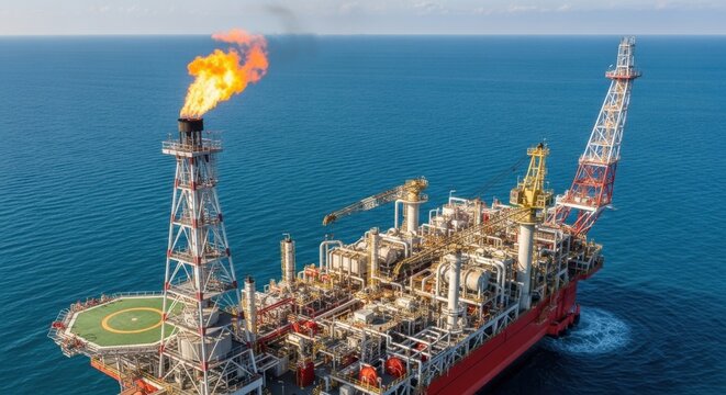 Immense offshore oil and gas platform with a towering flare burning gas at sea, showcasing industrial energy production.