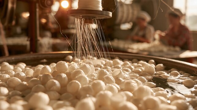 Silk reeling basin with cocoons and winding filament in sharp focus and blurred sericulture workers behind. Concept of silk thread production.