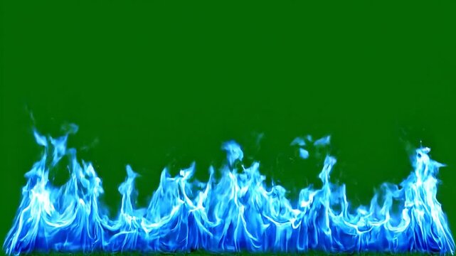 Vibrant blue gas flames dancing upward against a dark green background in 4K