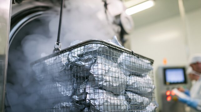 Retort pouch basket entering a sterilization autoclave in sharp focus and blurred plant workers behind. Concept of shelf stable food production.