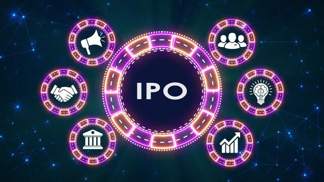 Ipo initial public offering concept with circular business icons on digital backdrop.