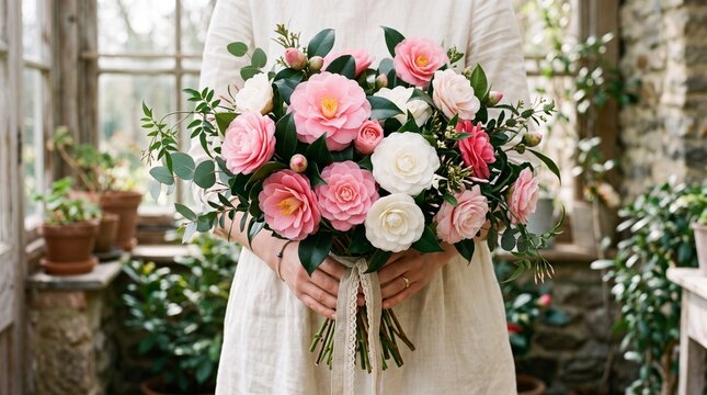 Woman holding a bouquet of pink and white camellia flowers