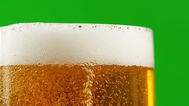 Close-up of golden beer with rising bubbles and thick foam in a glass against green