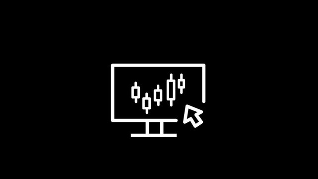 Animated line icon of a computer screen displaying data or mathematical formulas with a mouse cursor clicking on screen, representing software interaction, data analysis, and online learning..