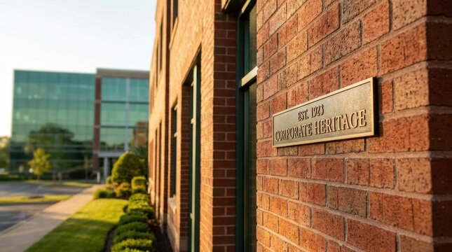Corporate Heritage: Red brick office standing in business park 