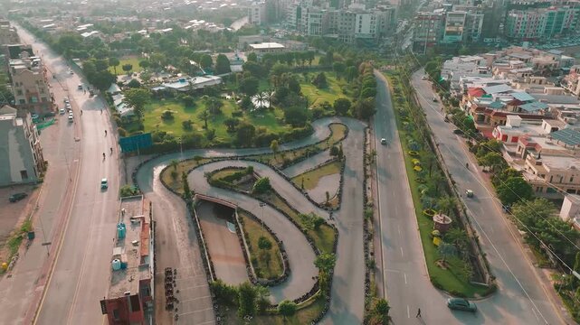 Aerial Drone View of Go Kart Racing Track with Bridge in Rawalpindi Pakistan