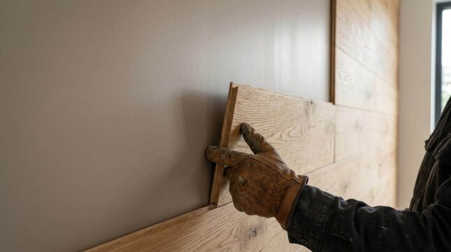 Professional worker installing wooden paneling on a wall during home renovation.
