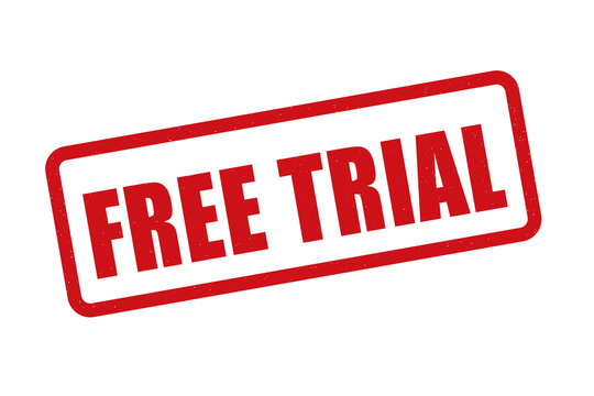 Red rubber stamp with free trial text on black background