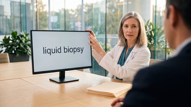 Liquid biopsy explained on monitor in over the shoulder view