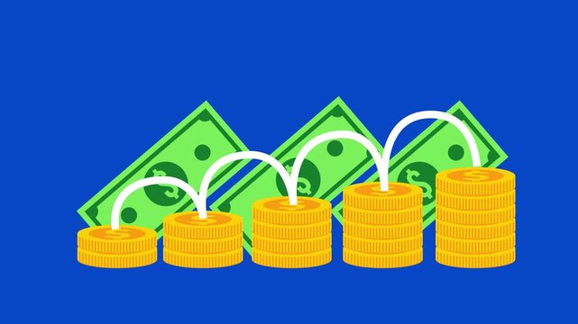 Coins with an upward growth line, profitability, taxes, market, investments. The concept of business and finance in a flat style. 4K