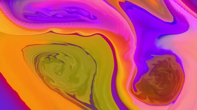 Psychedelic pink, yellow fluids mixing, swirling. Digital animation.