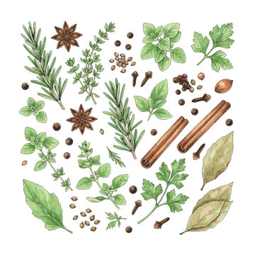 Herbs and spices scattered composition flat lay for cooking blogs and seasoning recipe websites