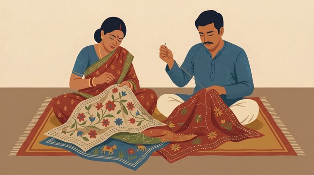 Couple doing traditional kantha embroidery at home for cultural art project