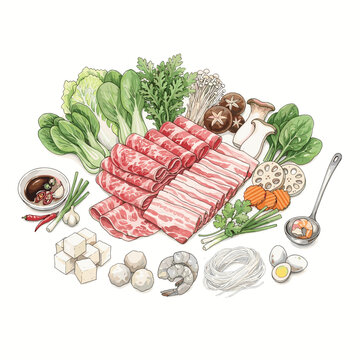Hot pot ingredients with thin sliced meat and vegetables flat lay for asian dining blogs and communal meal recipes