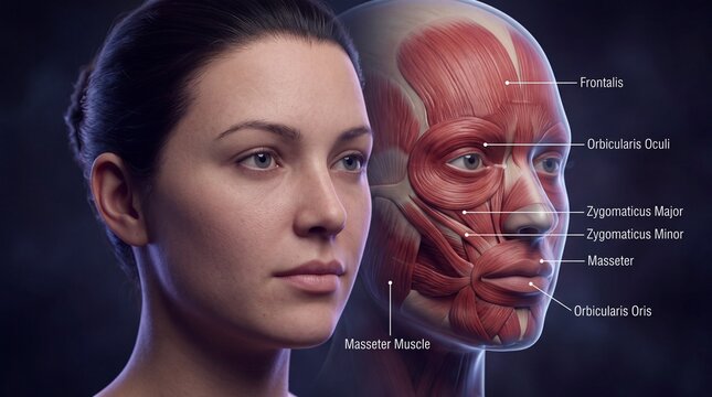 Frontalis orbicularis oculi zygomaticus major zygomaticus minor masseter orbicularis oris masseter muscle facial anatomy human face muscle structure medical illustration anatomy diagram